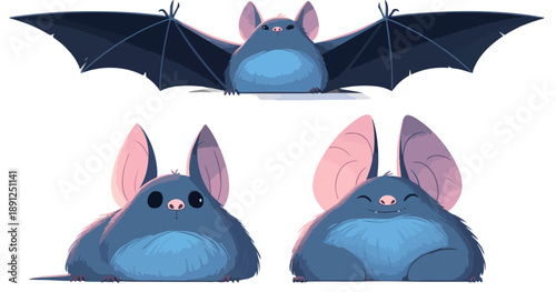 Adoráveis morcegos azuis de desenho animado em diferentes poses, incluindo voando e sentados, com fundo transparente para design divertido.