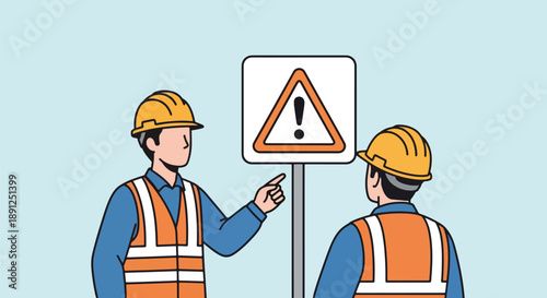 Construction Workers Pointing at Warning Sign Safety and Hazard Awareness.