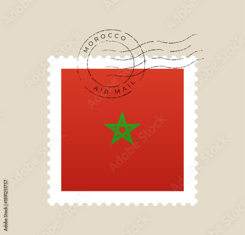 Moroccan national flag on a postage stamp with a distressed air mail postmark, an isolated vector for travel.