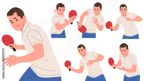 vector set of male table tennis players in various action poses. Ping pong athletes holding red paddles. suitable for sports design, training concepts, competitions, infographics, posters, website,app