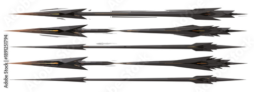 Ilustração de flechas futuristas e projéteis avançados de ficção científica com design aerodinâmico, ideais para uso em fundos transparentes.