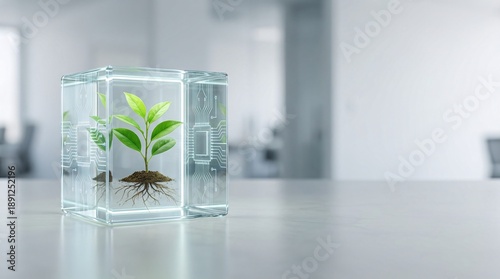 A small green plant with visible roots encased in a glowing transparent cube on a white office desk, symbolizing growth and innovation.