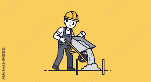 Construction Worker Pouring Cement from Wheelbarrow Building Site.