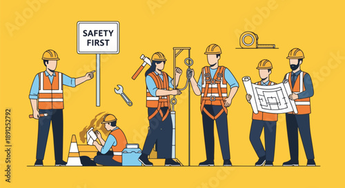 Construction Team Safety First Concept with Workers and Tools on Yellow Background.
