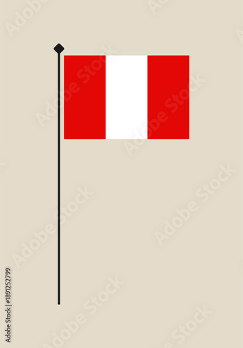 Peruvian national flag vector illustration on a simple flagpole, isolated on a plain background representing patriotism.