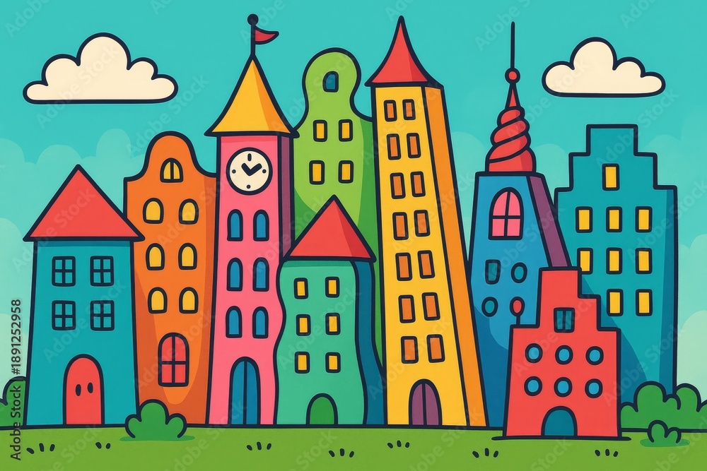 Fototapeta premium Kids create bright playful drawings of buildings with fun shapes and colors in a cheerful space during art class