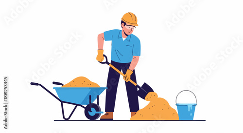 Construction Worker Shoveling Sand into Wheelbarrow.
