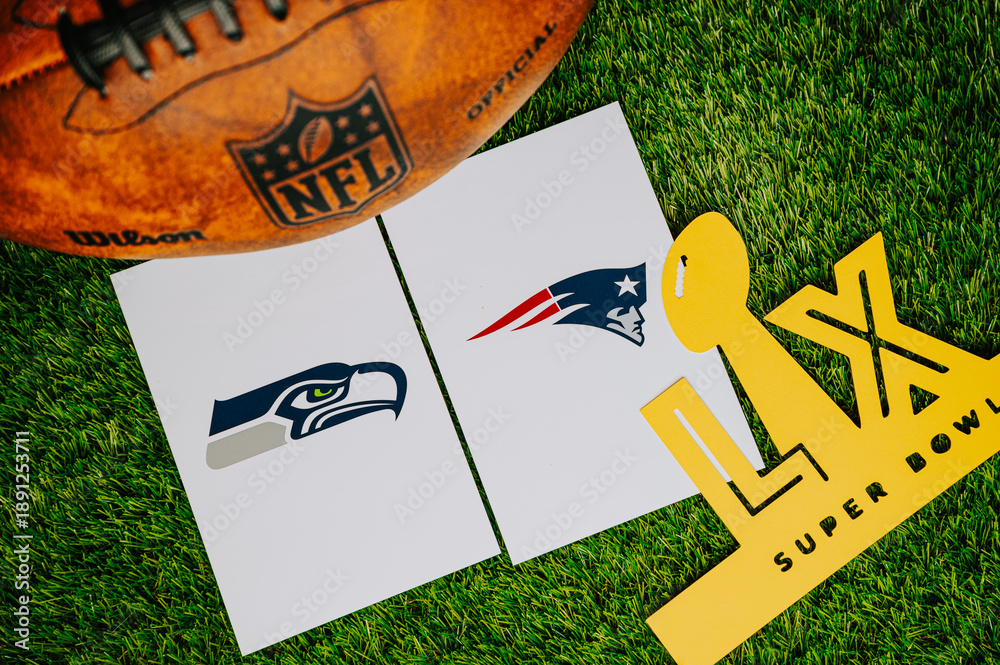 Fototapeta premium Super Bowl LX Symbolic Photo: LX Written on Grass with the Lombardi Trophy, Seattle Seahawks vs. New England Patriots