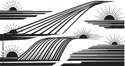 Black and white abstract sun landscape with lines and shapes