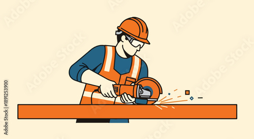 Construction worker using angle grinder cutting metal beam sparks flying.