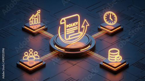 Glowing orange neon lights illuminate a central policy document connected to icons for growth time people and money in a modern digital business strat