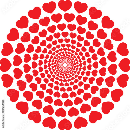 Spiral of Red Hearts Forming a Romantic Optical Pattern on White Background