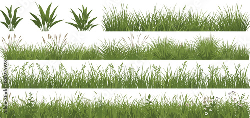 Vector illustration of various grass styles in rows featuring clumps, patches, flowers, and textured blades on white background