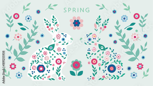 Adorable spring bunnies surrounded by vibrant colorful flowers and leaves