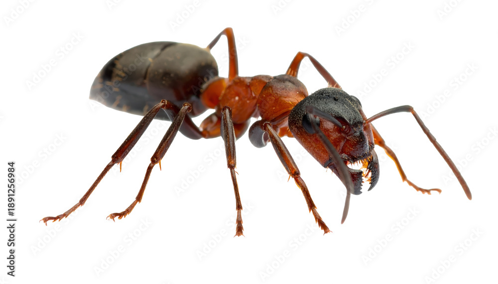 Fototapeta premium Close-up Macro Shot Of A Red Wood Ant With Mandibles Isolated On Transparent Background For Scientific And Educational Purposes Insect Photography