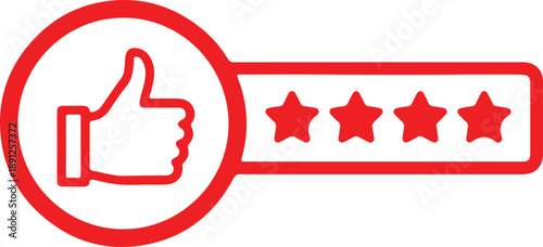 Red Thumbs Up with Four Rating Stars on White Background like approval positive feedback