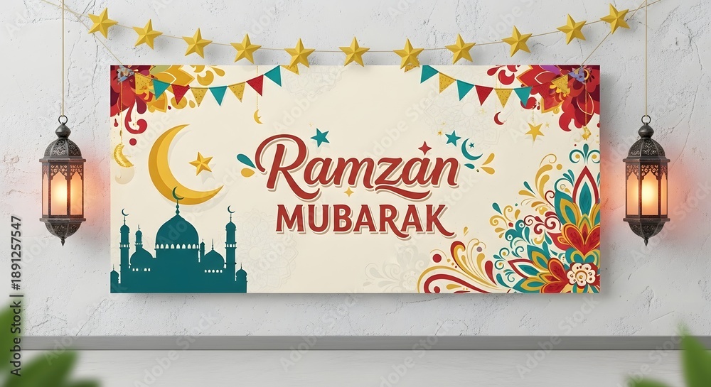 Fototapeta premium Ramadan Mubarak banner mockup hanging on white wall with lanterns and star garland. Colorful floral greeting card design with mosque and moon for Islamic festival celebration.