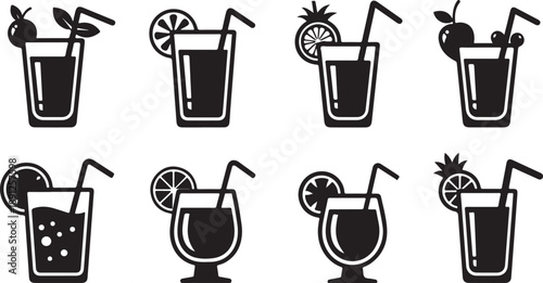 Set of Eight Fresh Fruit Smoothie Drinks with Straws and Garnishes fruit drink glass tumbler