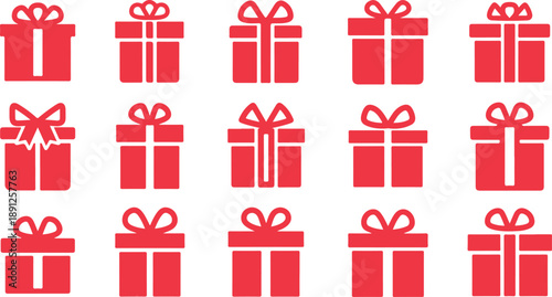 Set of Fifteen Red Christmas Gift Boxes with Bows in Various Sizes and Styles
