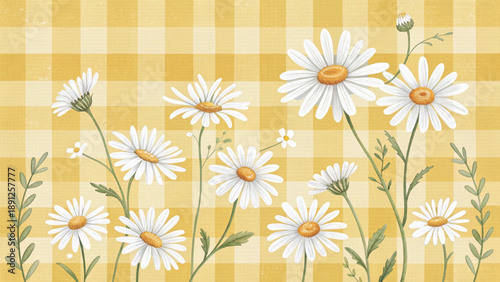 soft pastel green gingham check pattern background with white and yellow daisy flowers scattered across vector background 