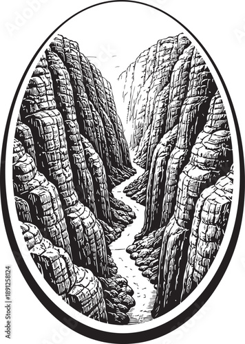 Wadi Mujib Rock canyon desert gorge Middle East linocut illustration