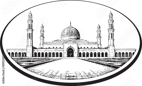 Sultan Qaboos Grand Mosque Muscat Oman linocut illustration