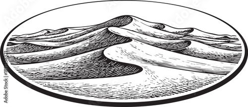 Erg Chebbi Desert, sand dunes Morocco linocut illustration