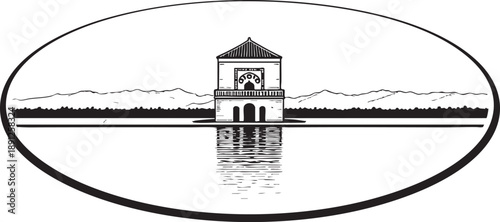 Menara Pavilion courtyard with dome linocut illustration