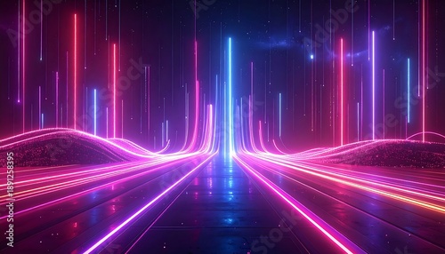 Digital abstraction with vibrant neon light trails, arcs over a textured surface with an atmospheric background