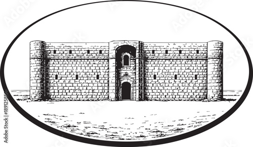 Qasr Kharana oval fortress linocut illustration