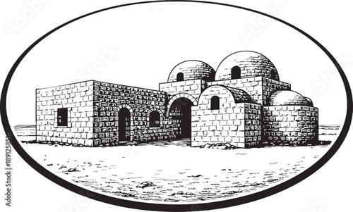 Qasr Amra Natural Sandstone Houses Oval Linocut Illustration