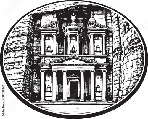 Al-Khazneh Rock Cut Treasury Facade Petra Style Oval Linocut Illustration