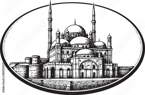Mosque of Muhammad Ali Grand Ottoman Style Mosque with Minarets Oval Linocut Illustration