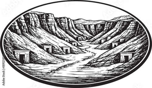 Valley of the Kings Rock cut tomb valley ancient Middle East linocut illustration
