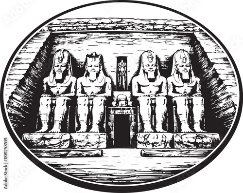 Abu Simbel temples Egypt colossal statues linocut illustration