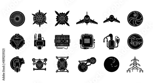 A professional set of 18 black monochrome flat icons arranged in one frame, illustrating the internal systems and functional organs of a modern aircraft. Includes engine turbine, propeller gearbox