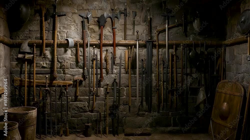 Medieval Arsenal Rack Medieval armory stone wall ancient weapons rack swords axes spears ...