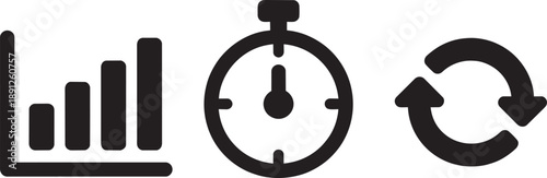 Minimalist black business vector icon set featuring a success growth bar chart, performance timer stopwatch, and circular refresh sync symbol for professional analytics and digital workflow.