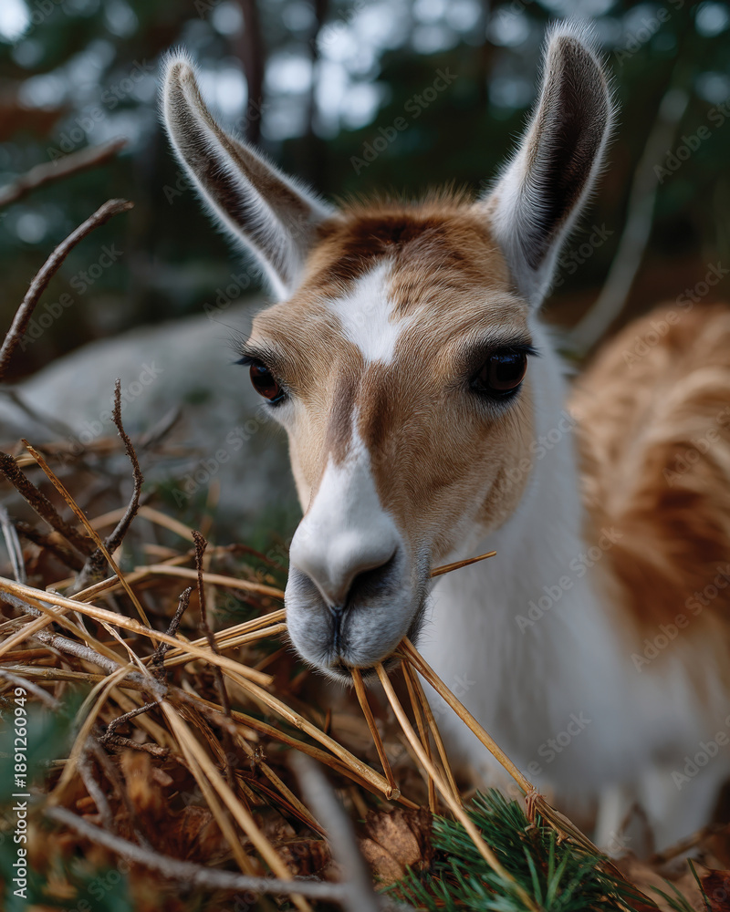 Naklejka premium A stunning image showcasing a llama happily nibbling on natural foliage, offering a glimpse into its environment, emphasizing the beauty and connection to nature in wildlife.
