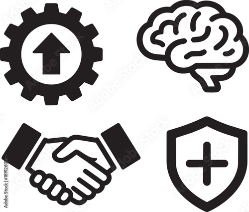 Professional business vector icon set featuring growth gear, human brain intelligence, partnership handshake, and secure shield protection for corporate strategy and trusted services.