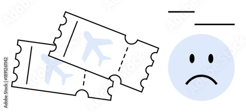 Cancelled travel. Plane tickets and a sad face cancelled travel plans, trip disruption, and booking issues. Cancelled travel due to schedule changes or emergencies. For airlines, travel apps
