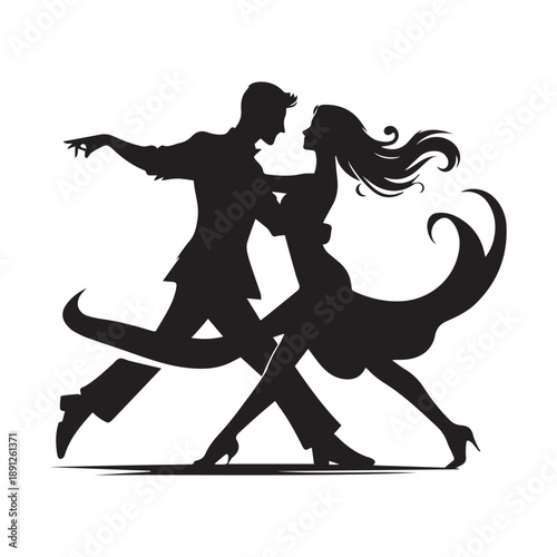 A passionate silhouette of a man and woman performing a dynamic ballroom dance