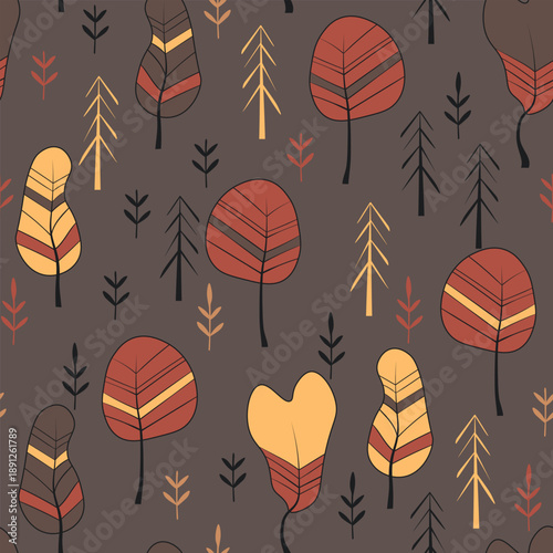 Seamless pattern with trees, plants. Color vector background. Spring, autumn tree for your design. Eco idea concept. Print design for wallpapers, fabric, textile.