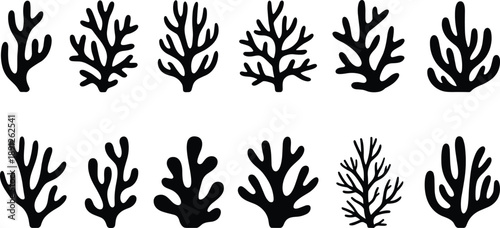 Black coral silhouettes set isolated on white background, underwater reef plants in different shapes, marine life elements for ocean design, logo, decoration, and nature concepts