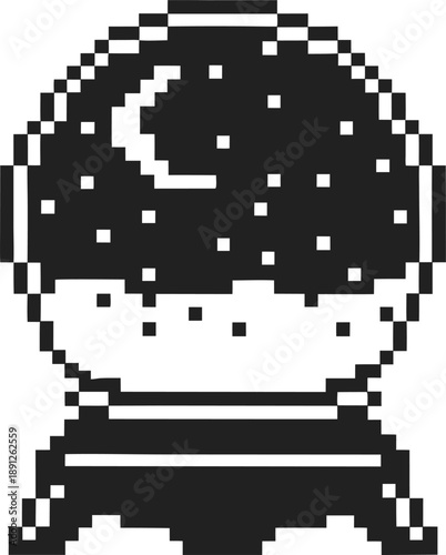 pixel art crystal ball with night sky and crescent moon inside, mystical fortune telling concept