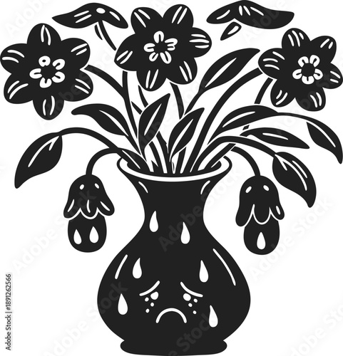 Sad flower bouquet in crying vase with drooping petals and wilted leaves symbolizing sorrow and grief
