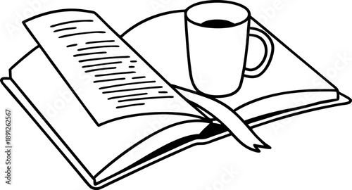 Open book with coffee cup and bookmark, reading and study concept illustration