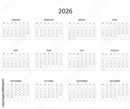 Minimal Calendar 2026 Isolated on Transparent Background