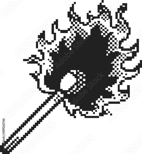 Pixelated matchstick with burning flame in black and white retro fire ignition illustration