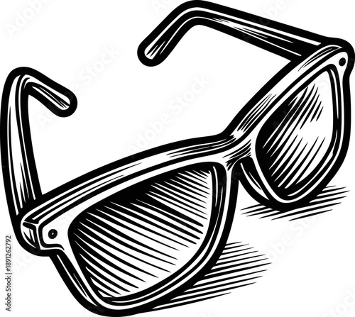 Classic sunglasses illustration in black and white sketch with detailed shading and retro design